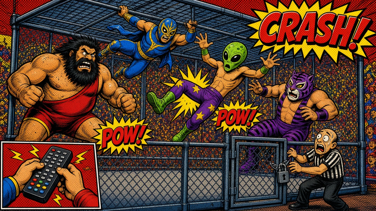 Pop-art comic panel of a giant steel cage over two rings with a bearded brute, a flying blue-masked luchador, a green alien-masked wrestler and a purple tiger-masked wrestler brawling inside, a panicked referee clutching the padlocked door, an inset of two hands fighting over a TV remote, and CRASH and POW bursts.