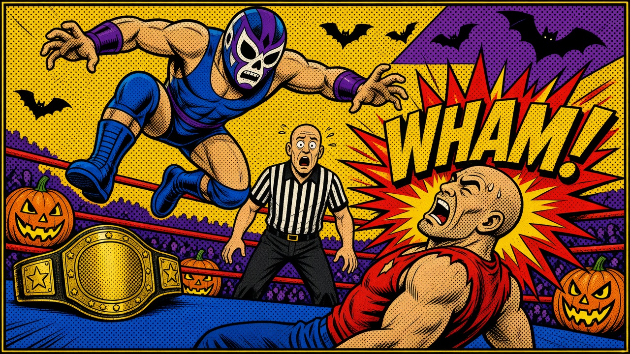 Pop-art comic panel of a skull-masked luchador diving off the top rope at a bald brawler while a wide-eyed referee watches, with jack-o-lanterns, bats, a blank gold title belt and a giant WHAM burst.