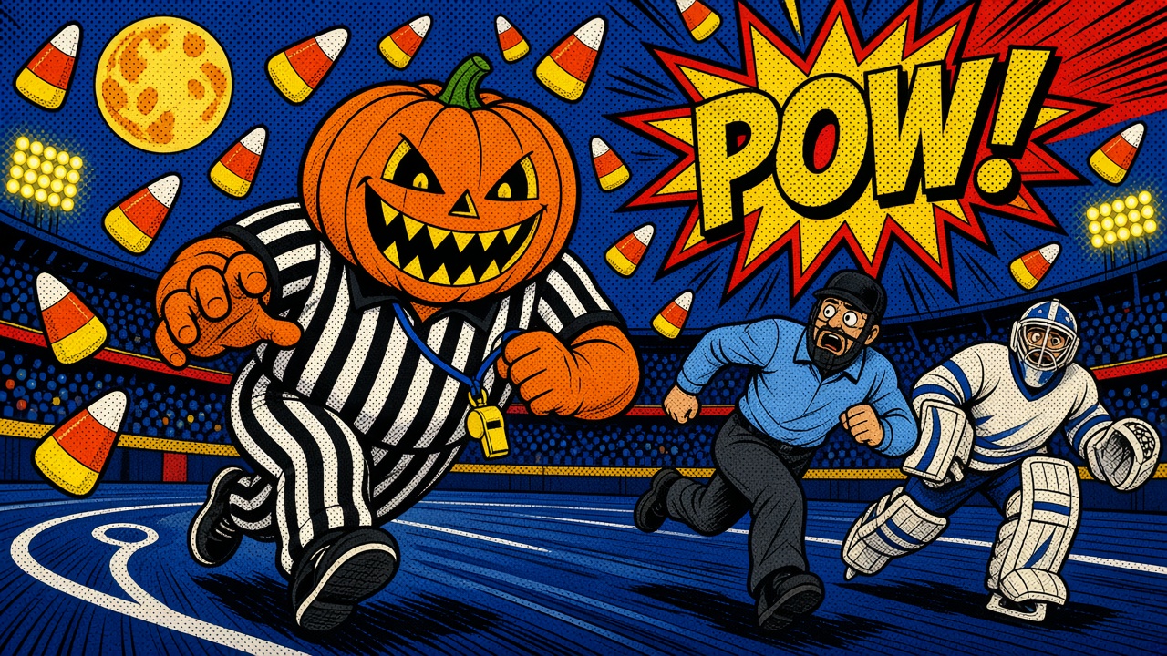 Pop-art comic panel of a grinning jack-o-lantern monster in a striped referee shirt chasing a terrified umpire and a hockey goalie across a moonlit stadium, candy corn flying, with a giant POW burst.