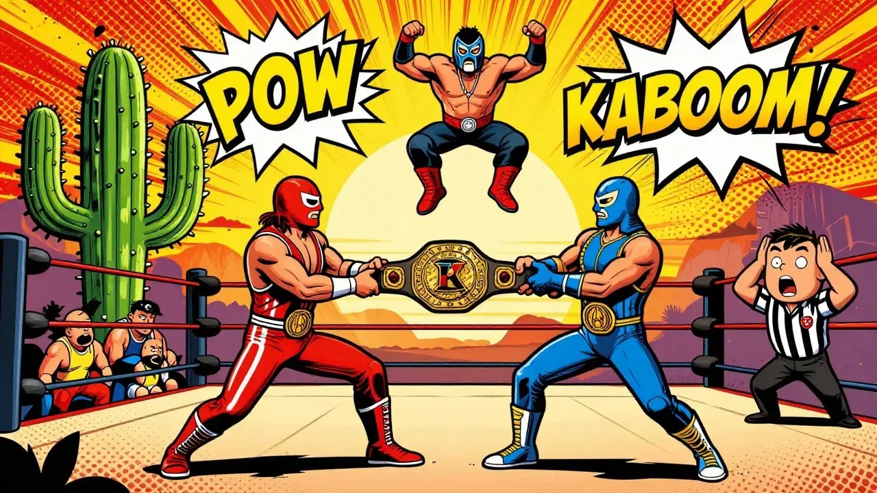 Pop-art comic panel of a red-masked luchador and a blue-masked luchador yanking opposite ends of a giant gold title belt in a ring under a blazing desert sunset, a third masked wrestler leaping from above, a giant cactus in the corner, a terrified referee clutching his head, and huge POW and KABOOM bursts.