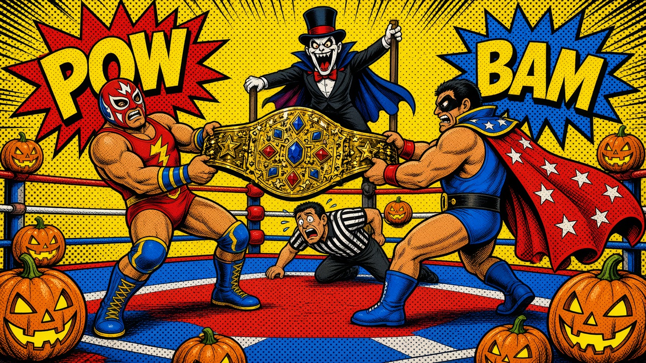 Pop-art comic panel of a red-masked luchador and a caped brawler each yanking one end of a giant gold title belt over a ring decorated with jack-o-lanterns, a pale-faced caped host in a top hat cackling from the turnbuckle, a referee ducking, and huge POW and BAM bursts.