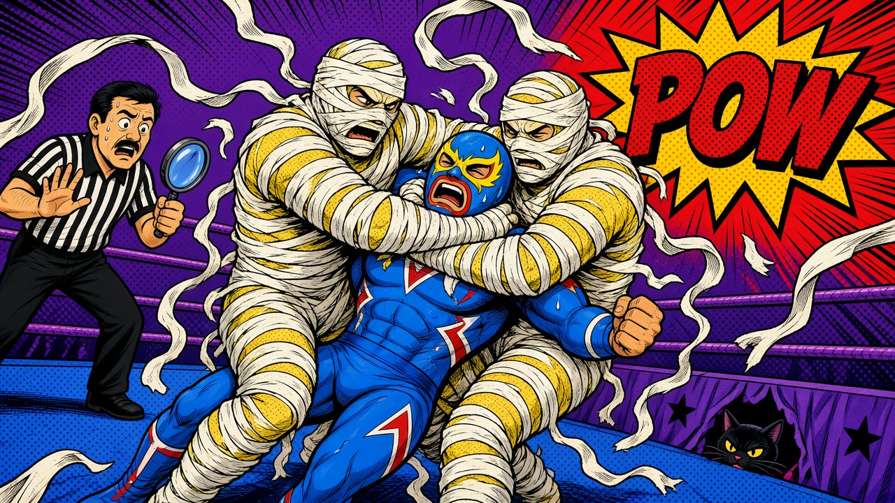 Pop-art comic panel of two identical bandage-wrapped mummy wrestlers double-teaming a masked luchador in a spooky ring, a sweating referee trying to tell them apart with a magnifying glass, loose bandages flying, a black cat peeking from the ring apron, and a giant POW burst.