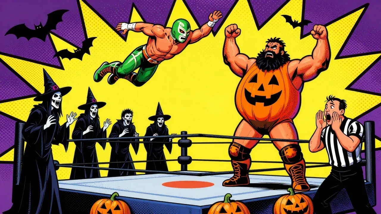 Pop-art comic panel of a green-masked luchador flying off the top rope at a huge bearded brawler in a pumpkin-orange singlet, four cackling figures in black witch robes and pointy hats lined up at ringside, a referee screaming with his hands on his cheeks, jack-o-lanterns on the apron, bats in a purple sky and a giant yellow comic burst.
