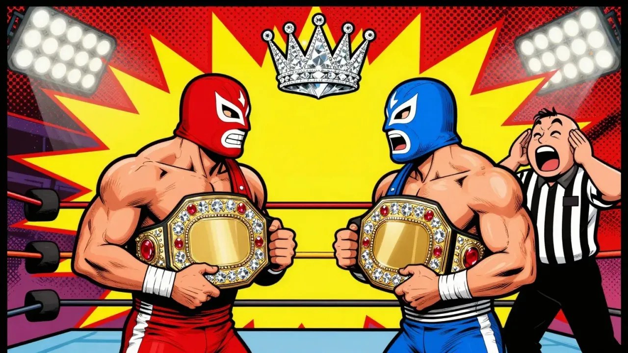 Pop-art comic panel of two muscle-bound masked wrestlers, one in red and one in blue, snarling face to face in a ring while clutching giant gold championship belts covered in diamonds and rubies, a glittering diamond crown floating above them, a referee screaming with his hands on his head, stadium lights and a huge yellow and red starburst behind them.