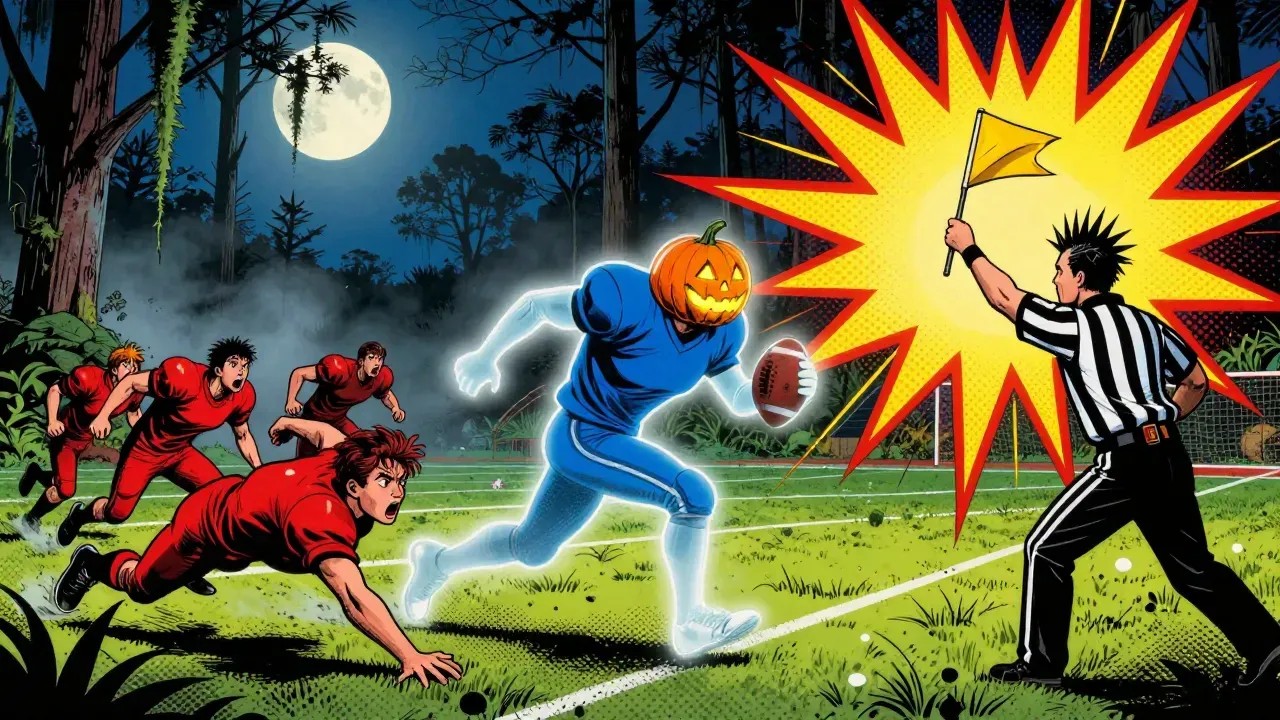 Pop-art comic panel of a glowing, see-through football player with a grinning jack-o'-lantern head and a plain blue uniform, sprinting with the ball through a foggy, moonlit swamp field while players in plain red uniforms dive out of the way. A referee with his hair standing straight up throws a yellow flag in front of a giant yellow and red comic burst. Moss-draped cypress trees fill the background.