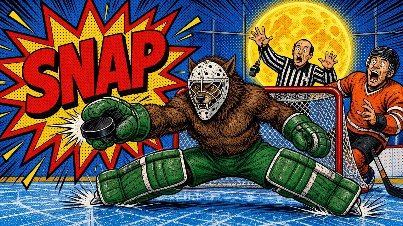 Pop-art comic panel of a hairy werewolf hockey goalie in plain green pads and a white mask, doing a full split to glove a puck in front of the net while a skater in a plain orange jersey screams in disbelief. A wide-eyed referee throws up his hands with his whistle dangling. A giant full moon glows through the rink glass behind them, with a huge yellow and red SNAP burst and blue halftone dots.