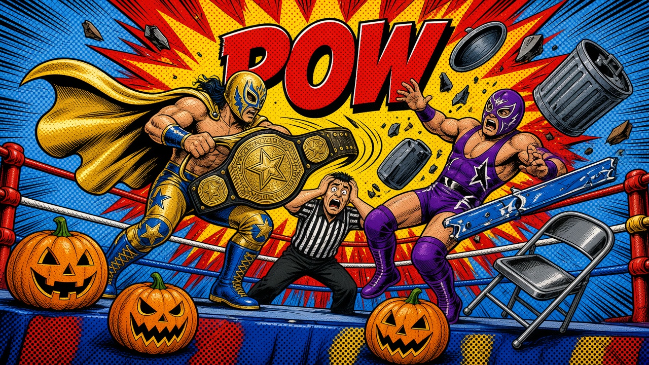 Pop-art comic panel of a masked wrestler in a gold cape swinging a giant championship belt at a rival masked wrestler in purple, with trash cans, a steel chair and a broken blue board flying through the air, a terrified referee ducking between them, Halloween jack-o'-lanterns on the ring apron, and a huge yellow and red POW burst behind them.